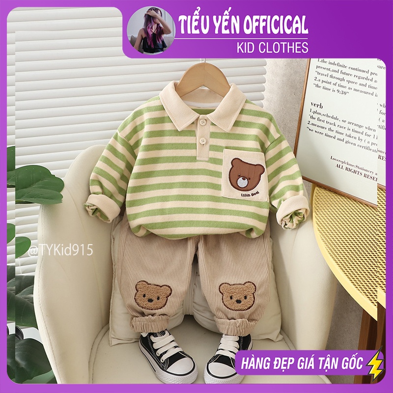 S915-Đồ bộ bé trai, set nỉ áo polo gấu và quần nhung Tiểu Yến KID