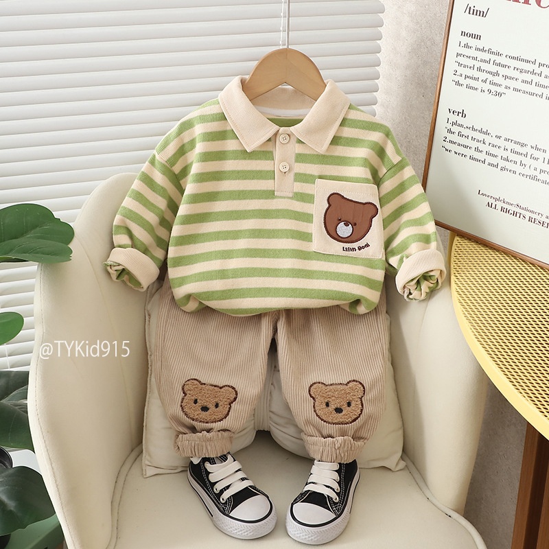 S915-Đồ bộ bé trai, set nỉ áo polo gấu và quần nhung Tiểu Yến KID