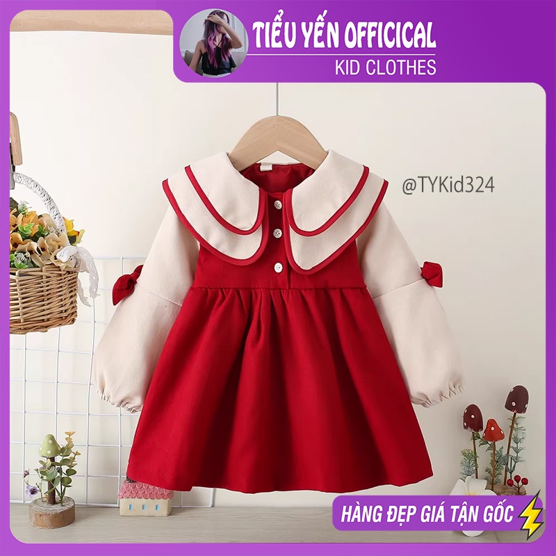 V324-Váy bé gái, váy nhung đỏ mặc noel - tết, cổ 2 lớp, tay đính nơ Tiểu Yến KID