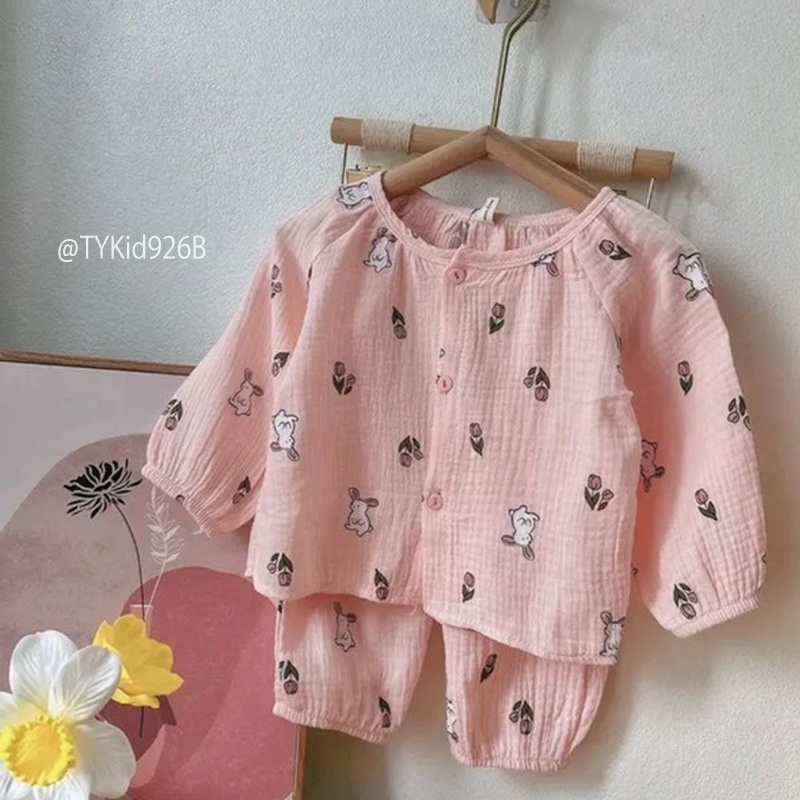 S926-Pijama bé gái, vải xô muslin cao cấp 2 họa tiết Tiểu Yến KID