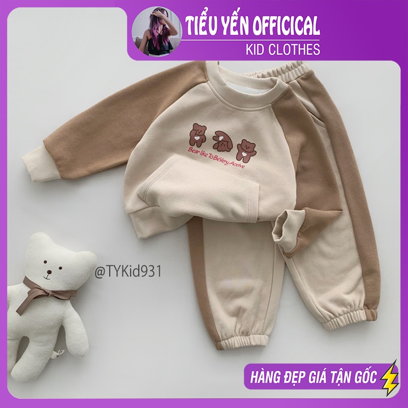 S931-Bộ nỉ thu đông bé trai bé gái, nỉ da cá dày dặn họa tiết gấu nâu Tiểu Yến KID