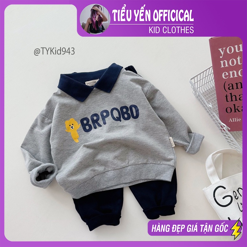 S943-Bộ nỉ thu đông bé trai, áo polo gấu xám và quần nỉ Tiểu Yến KID