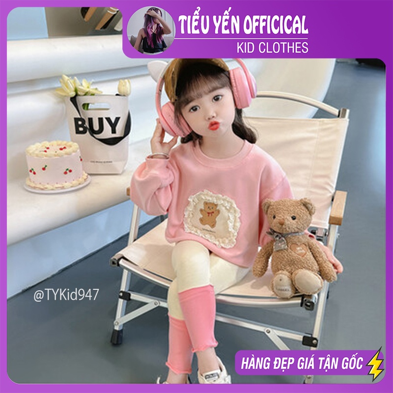 S947-Bộ nỉ thu đông bé gái, áo nỉ gấu hồng và quần legging Tiểu Yến KID