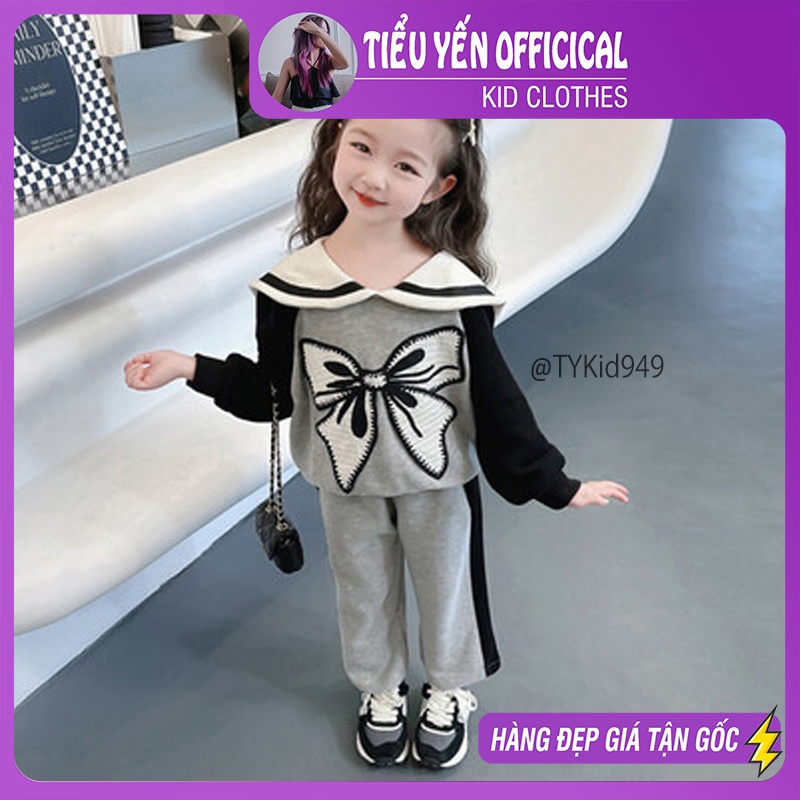 S949-Bộ nỉ thu đông bé gái, áo nơ xám và quần nỉ suông Tiểu Yến KID