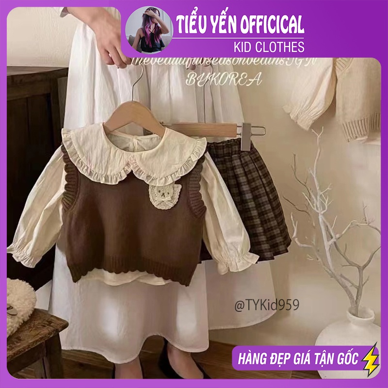 S959-Đồ bộ cao cấp bé gái, set 3 chi tiết sơ mi, gile len nâu và chân váy xếp ly Tiểu Yến KID