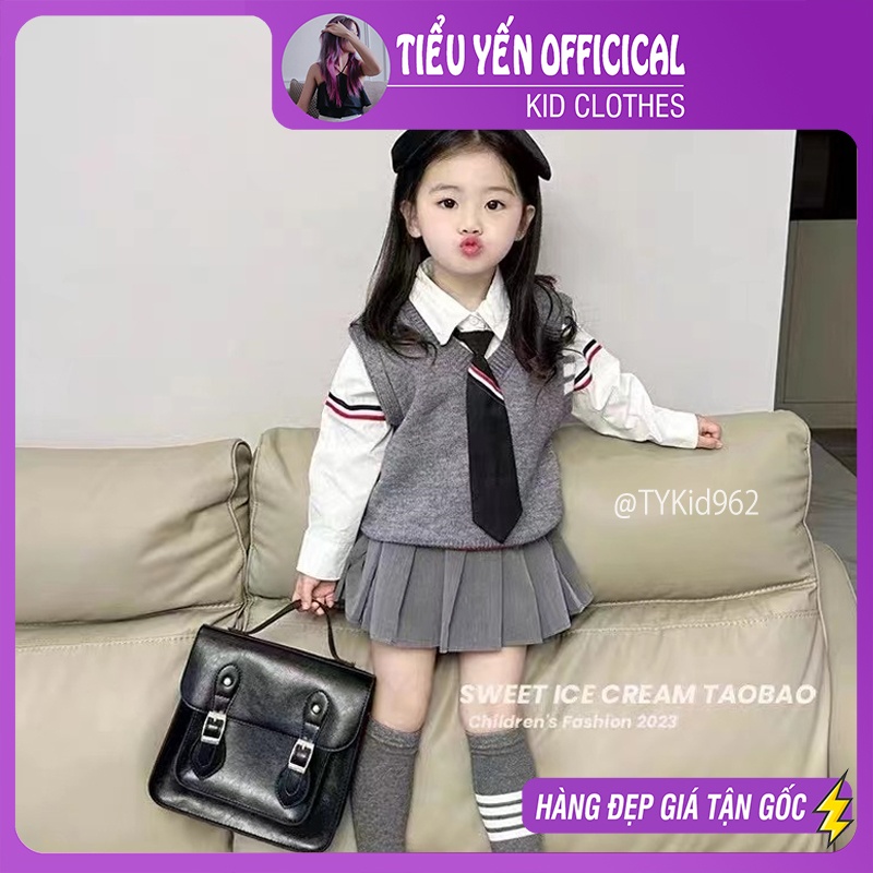 S962-Đồ bộ cao cấp bé gái, set 4 CT sơ mi trắng, gile len, cà vạt và chân váy xếp ly Tiểu Yến KID