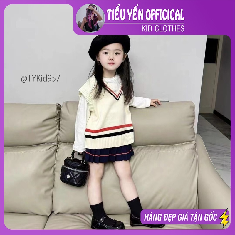 S957-Đồ bộ cao cấp bé gái, set 3 chi tiết áo gile len, áo thun và chân váy len xanh than Tiểu Yến KID