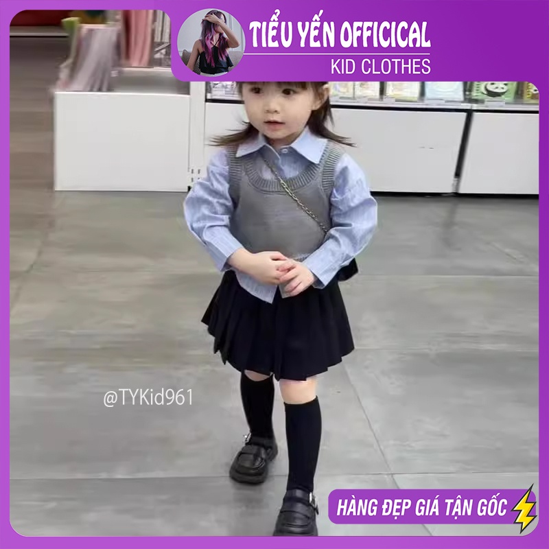 S961-Đồ bộ cao cấp bé gái, set 3 chi tiết sơ mi xanh, gile và chân váy xếp ly Tiểu Yến KID