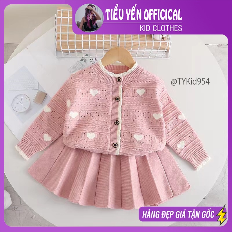 S954-Bộ len cao cấp bé gái, áo khoác len hồng và chân váy xếp ly Tiểu Yến KID