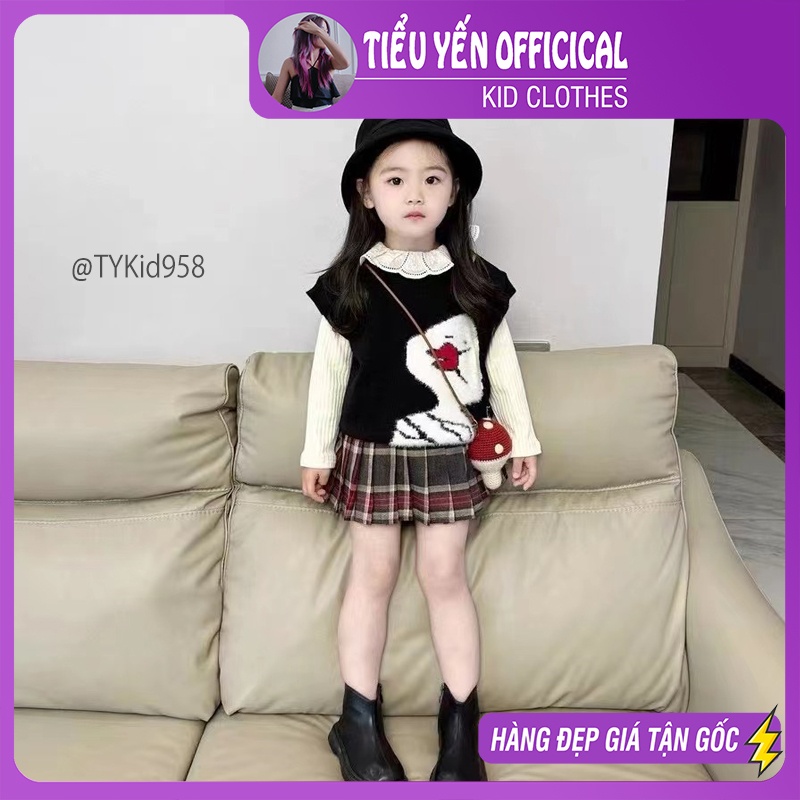 S958-Đồ bộ cao cấp bé gái, set 3 chi tiết áo cổ ren, gile vịt đen và chân váy caro Tiểu Yến KID