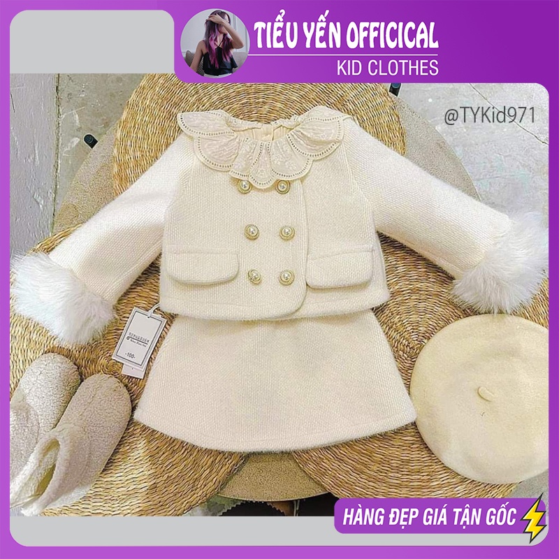 S971-Đồ cao cấp bé gái, set áo khoác và chân váy dạ kem tiểu thư Tiểu Yến KID