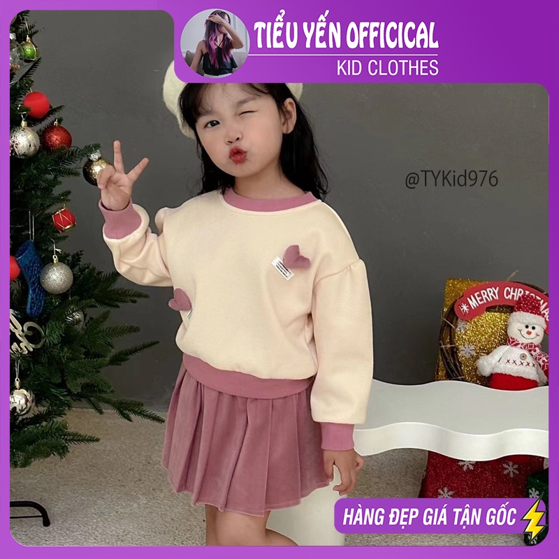 S976-Bộ cao cấp bé gái, áo nỉ kem trái tim và chân váy nhung hồng xếp ly Tiểu Yến KID