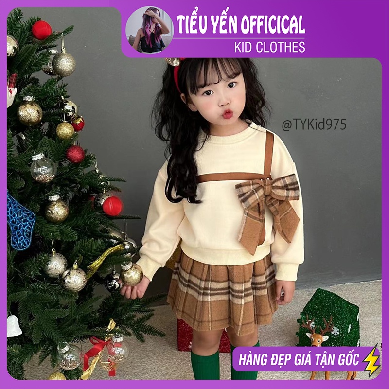 S975-Bộ cao cấp bé gái, áo nỉ kem phối nơ caro và chân váy dạ xòe Tiểu Yến KID