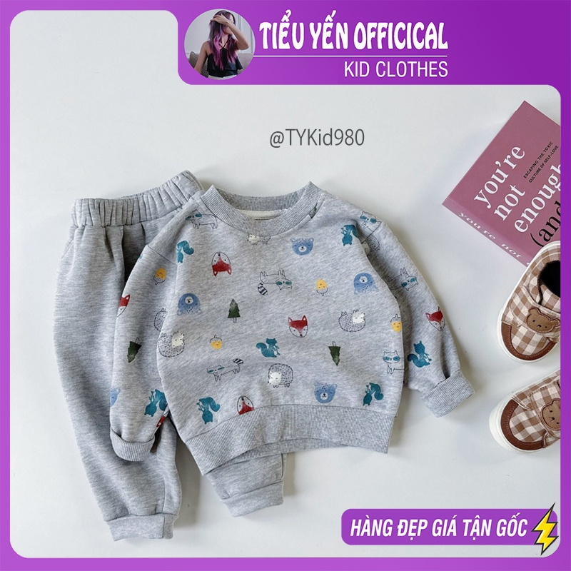 S980-Bộ nỉ thu đông cho bé màu xám, họa tiết con vật đáng yêu Tiểu Yến KID