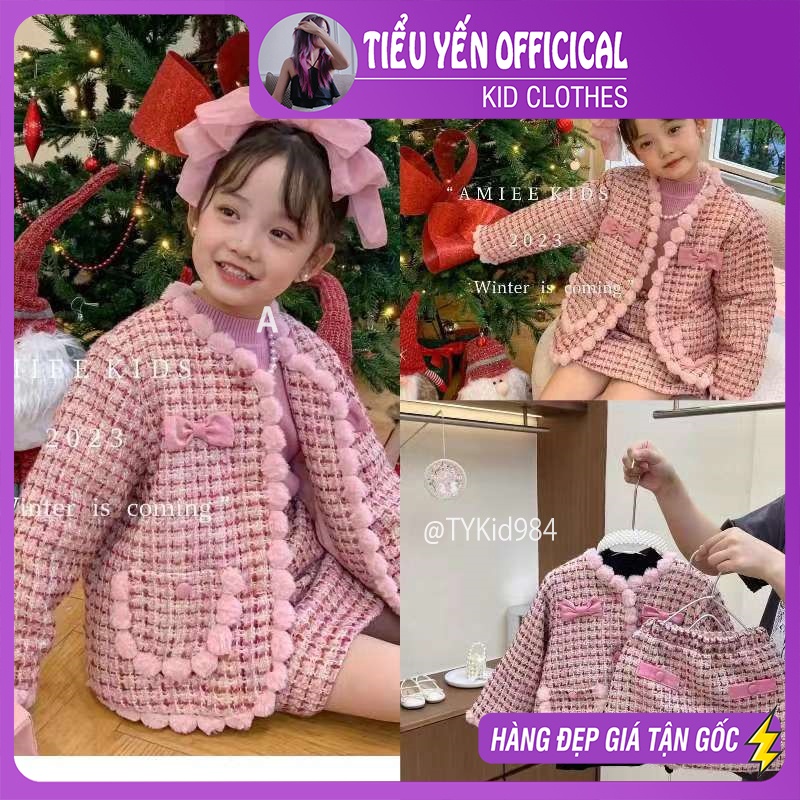 S984-Set dạ cao cấp bé gái, áo khoác dạ hồng và chân váy dày ấm Tiểu Yến KID