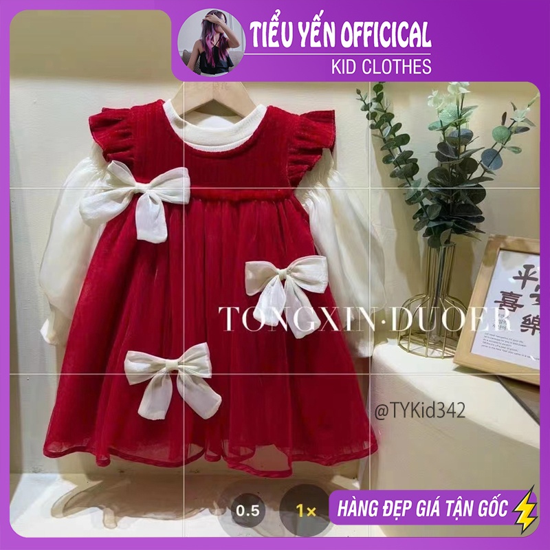 V342-Váy cao cấp bé gái mặc noel - tết, màu đỏ đính nơ Tiểu Yến KID