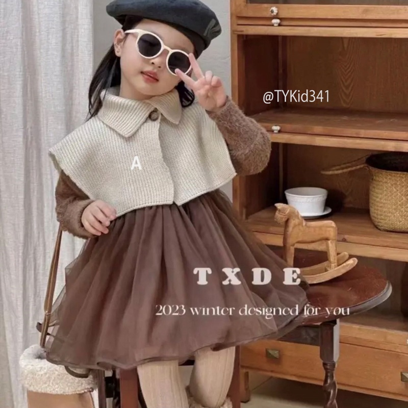 V341-Váy cao cấp bé gái style hàn quốc, váy nâu kèm cổ len kem Tiểu Yến KID