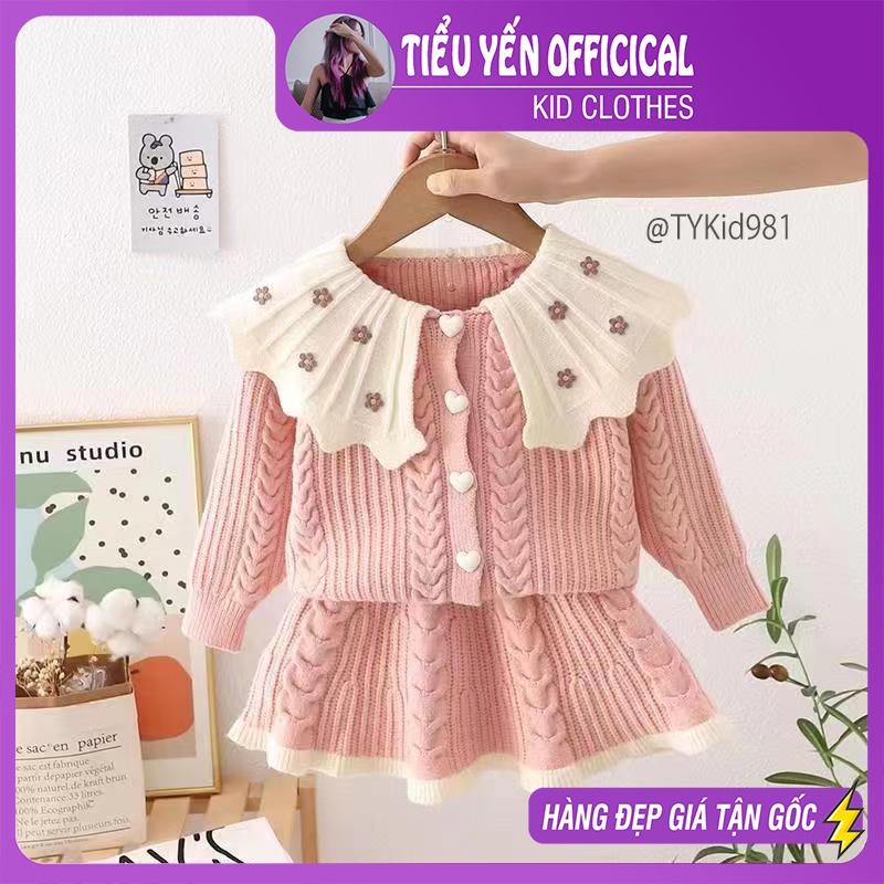 S981-Bộ len cao cấp màu hồng bé gái, áo khoác len và chân váy, chất len dày đanh Tiểu Yến KID