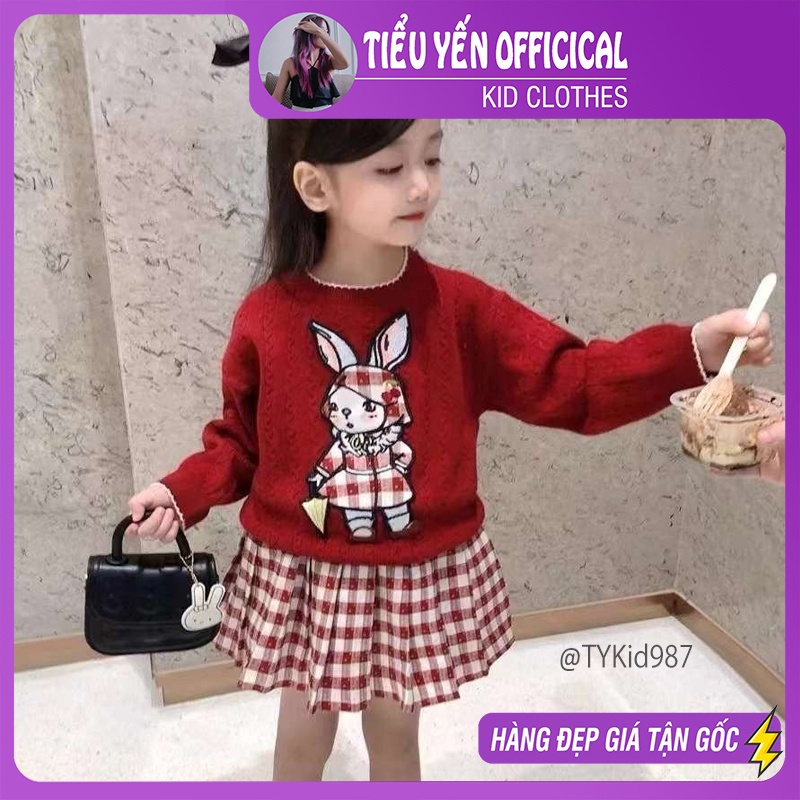 S987-Set len bé gái cao cấp mặc Noel - Tết, áo len thỏ đỏ và chân váy xòe xếp ly Tiểu Yến KID