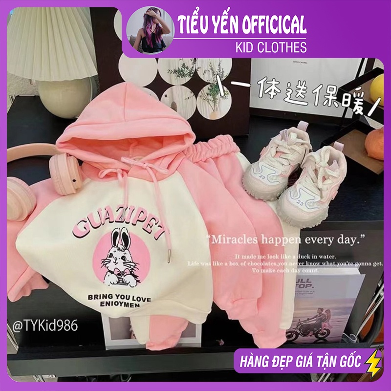 S986-Bộ nỉ thu đông bé gái, set áo nỉ hoodie thỏ hồng và quần nỉ Tiểu Yến KID