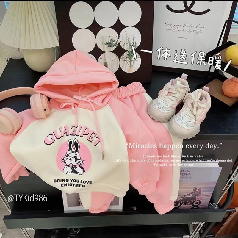 S986-Bộ nỉ thu đông bé gái, set áo nỉ hoodie thỏ hồng và quần nỉ Tiểu Yến KID