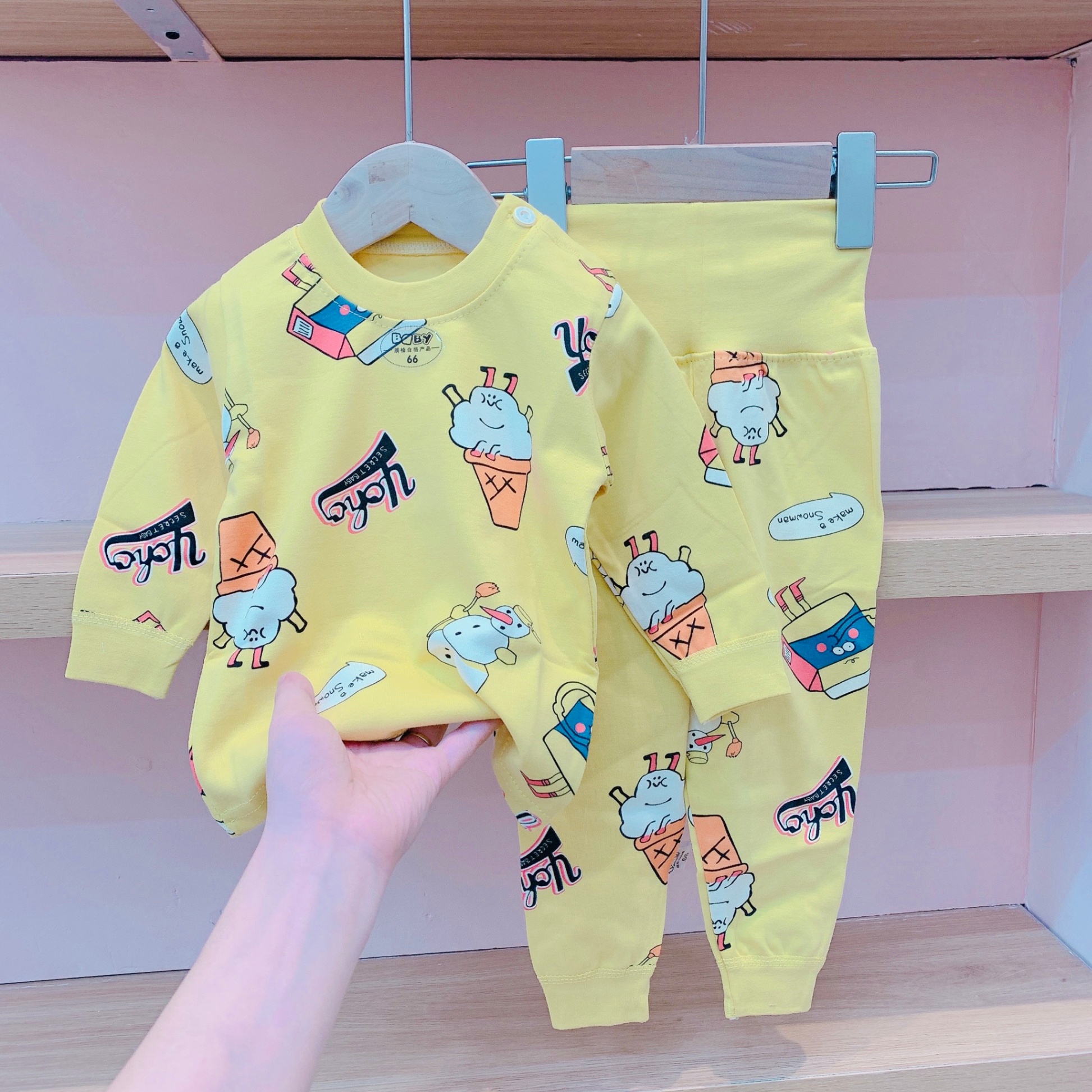 S939-Bộ cotton dài tay cho bé, vải mềm họa tiết hoạt hình dễ thương Tiểu Yến KID