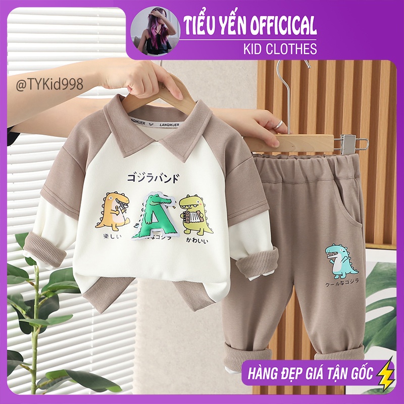 S998-Bộ nỉ thu đông bé trai, áo polo khủng long và quần nỉ be Tiểu Yến KID