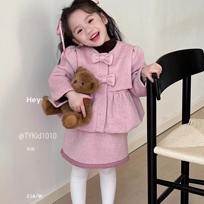 S1010-Set dạ cao cấp bé gái, áo khoác và chân váy màu hồng tím Tiểu Yến KID