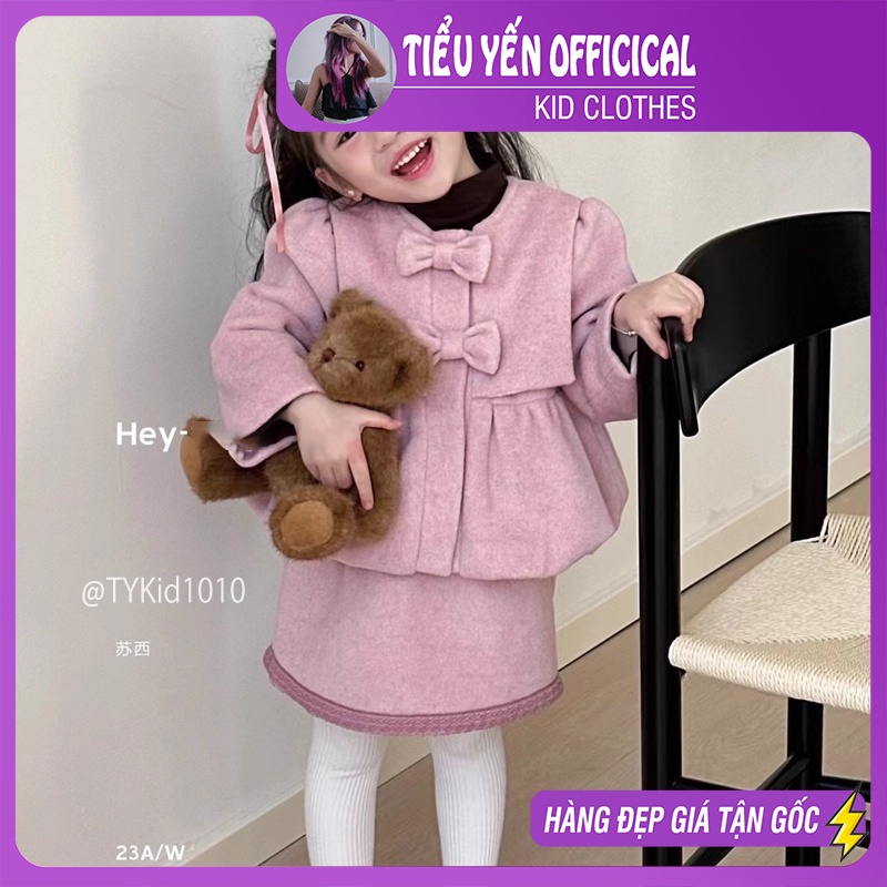 S1010-Set dạ cao cấp bé gái, áo khoác và chân váy màu hồng tím Tiểu Yến KID