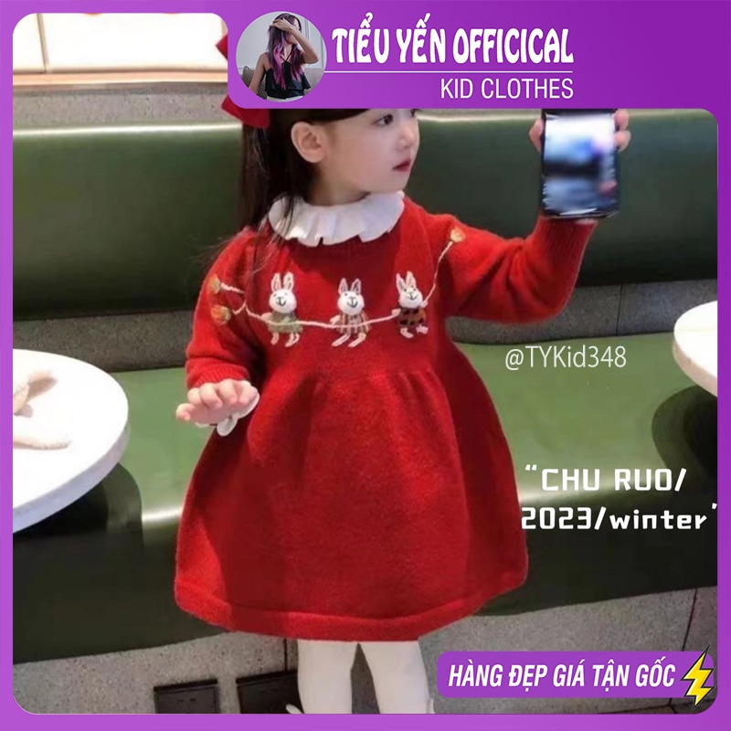 V348-Váy len đỏ cao cấp bé gái, hình thỏ đáng yêu không kèm áo len cổ trắng bên trong Tiểu Yến KID