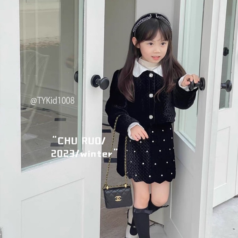 S1008-Set nhung đen cao cấp bé gái, chất dày dặn chân váy đính ngọc trai Tiểu Yến KID