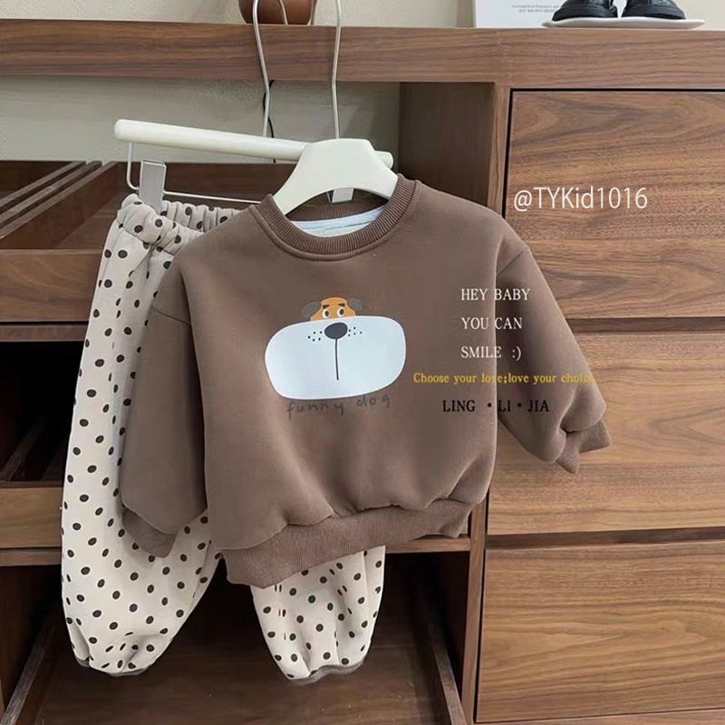 S1016-Bộ nỉ thu đông hình cún nâu và quần chấm bi Tiểu Yến KID