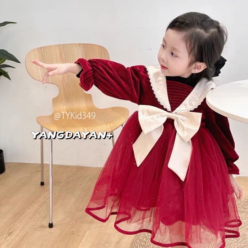 V349-Váy nhung đỏ cao cấp bé gái mặc Noel-Tết, nơ kem lót nhung dày ấm Tiểu Yến KID