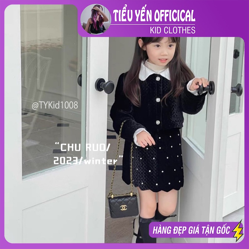 S1008-Set nhung đen cao cấp bé gái, chất dày dặn chân váy đính ngọc trai Tiểu Yến KID