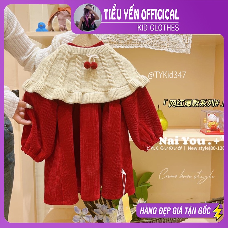 V347-Váy nhung đỏ cao cấp bé gái mặc Noel - Tết, chất dày dặn Tiểu Yến KID