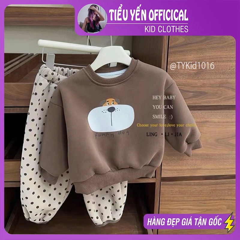 S1016-Bộ nỉ thu đông hình cún nâu và quần chấm bi Tiểu Yến KID