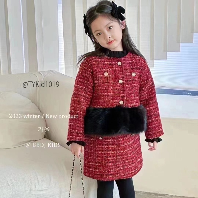 S1019-Set dạ đỏ cao cấp bé gái phối lông, dạ mềm trần bông dày ấm Tiểu Yến KID