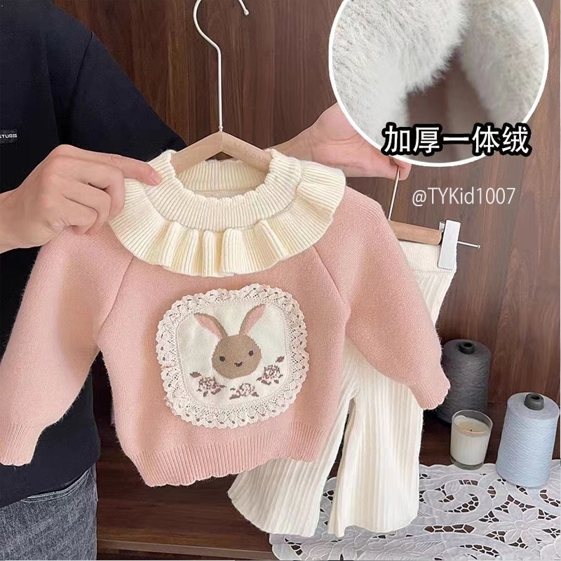 S1007-Set len cao cấp bé gái, áo len thỏ hồng và quần suông Tiểu Yến KID