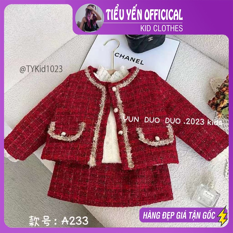 S1023-Set dạ đỏ cao cấp bé gái mặc Noel - Tết, trần bông dày dặn Tiểu Yến KID