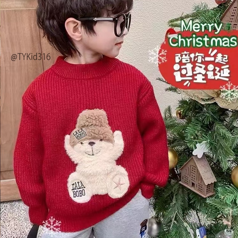 A316-Áo len gấu đỏ cho bé mặc Noel - Tết, len dày đanh mịn Tiểu Yến KID