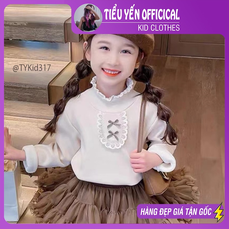 A317-Áo nỉ giữ nhiệt cho bé gái, lót nhung ấm, áo cổ ren phối nơ Tiểu Yến KID