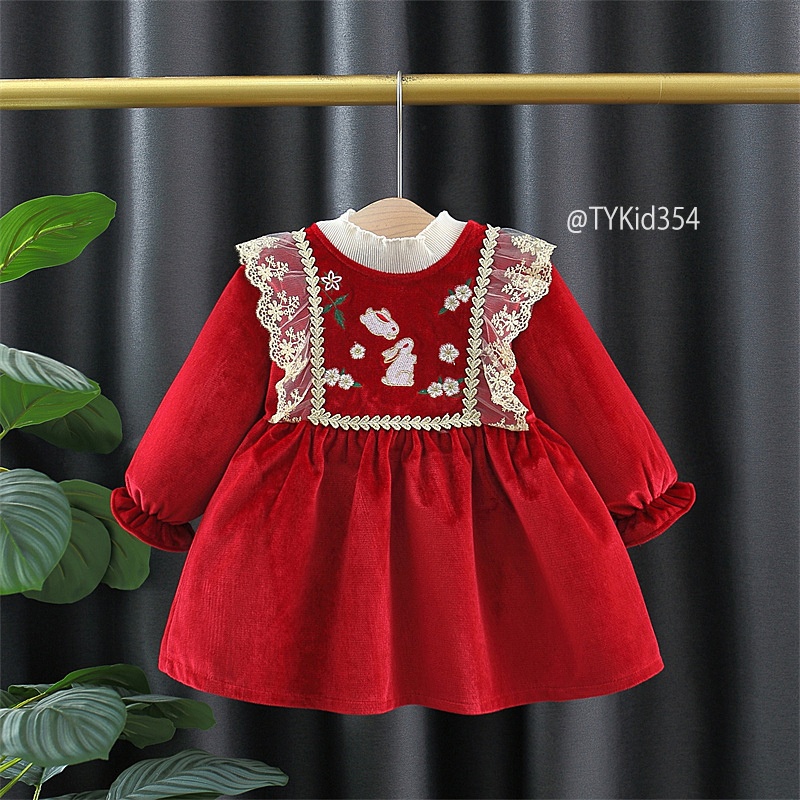 V354-Váy nhung đỏ phối ren bé gái mặc Noel - Tết, thêu hình thỏ, thân váy lót nỉ Tiểu Yến KID