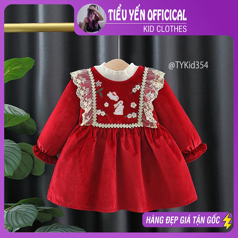 V354-Váy nhung đỏ phối ren bé gái mặc Noel - Tết, thêu hình thỏ, thân váy lót nỉ Tiểu Yến KID