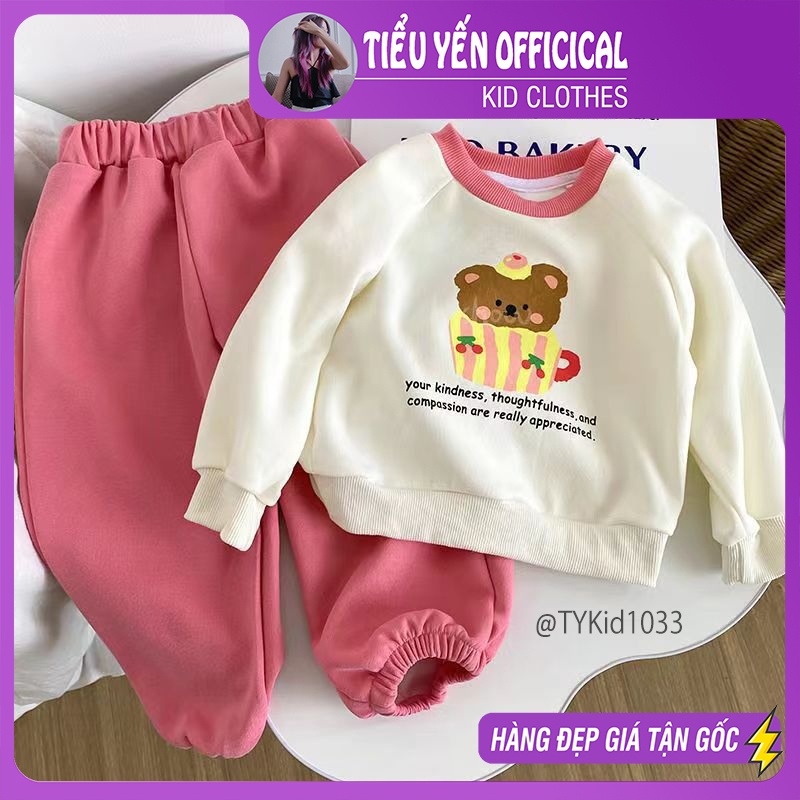 S1033-Đồ bộ bé gái, bộ nỉ thu đông áo kem thêu hình gấu Tiểu Yến KID