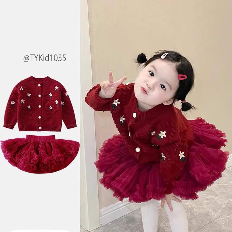 S1035-Set len đỏ cao cấp bé gái mặc Noel - Tết, áo khoác len và chân váy tutu đỏ Tiểu Yến KID