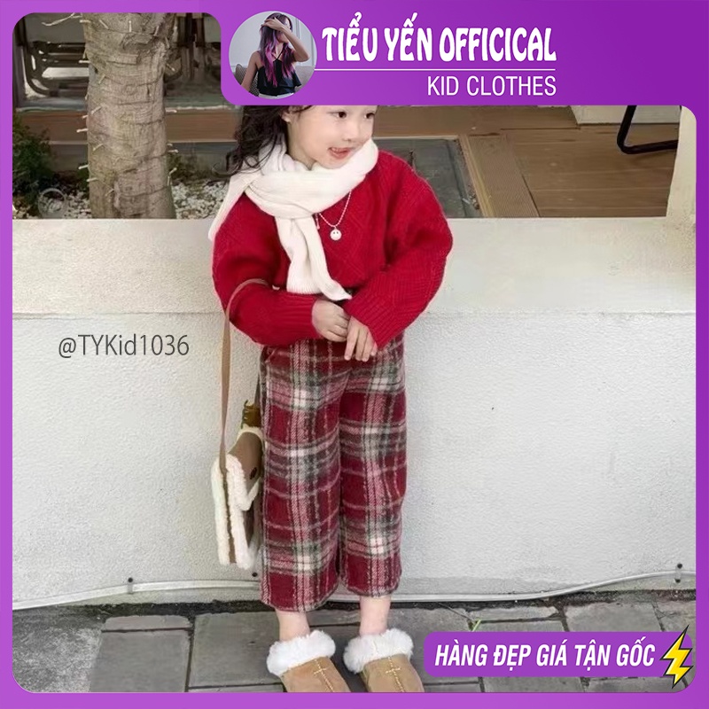 S1036-Set len cao cấp bé gái, áo len đỏ và quần dạ caro đỏ Tiểu Yến KID