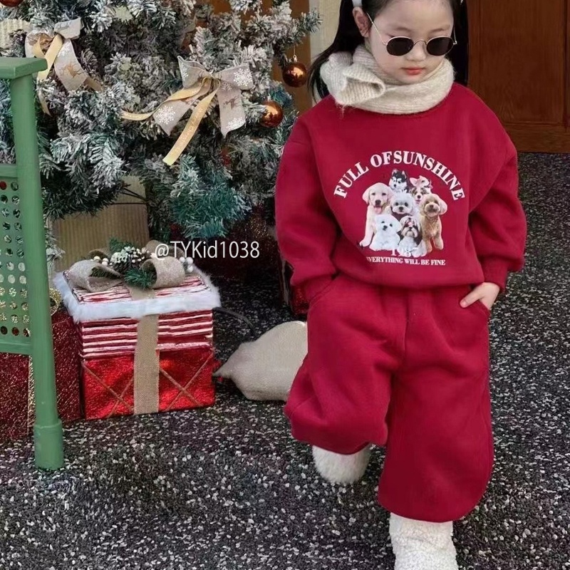 S1038-Bộ nỉ thu đông đỏ cho bé trai, bé gái mặc Noel - Tết, nỉ dày dặn Tiểu Yến KID