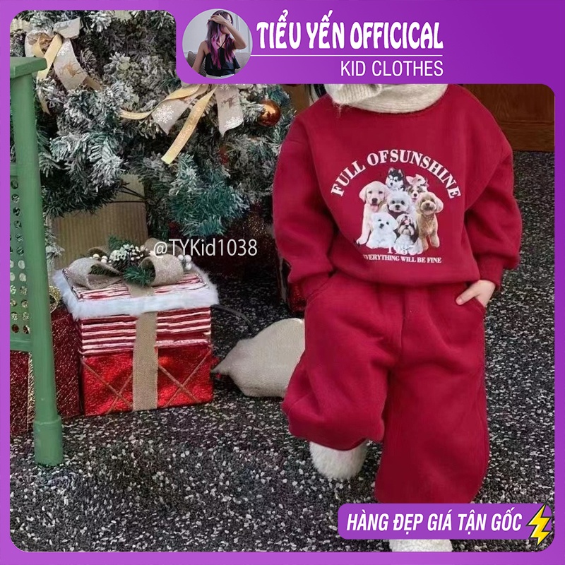 S1038-Bộ nỉ thu đông đỏ cho bé trai, bé gái mặc Noel - Tết, nỉ dày dặn Tiểu Yến KID