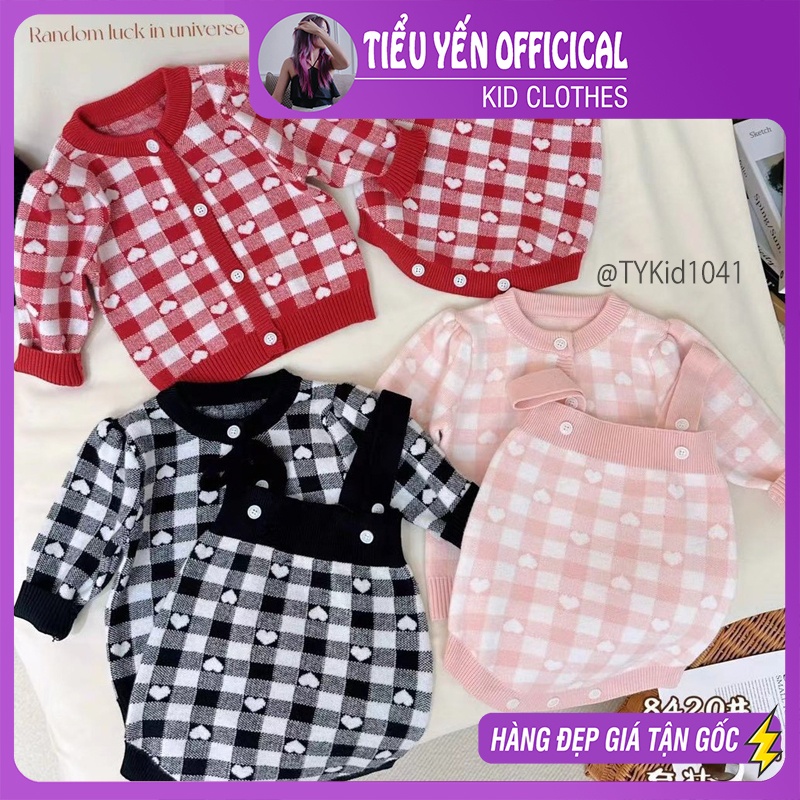 S1041-Set yếm len bé gái họa tiết trái tim, len dày dặn Tiểu Yến KID