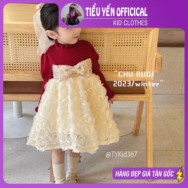 V367-Váy len đỏ cao cấp bé gái, phối voan 3d hoa hồng kem Tiểu Yến KID